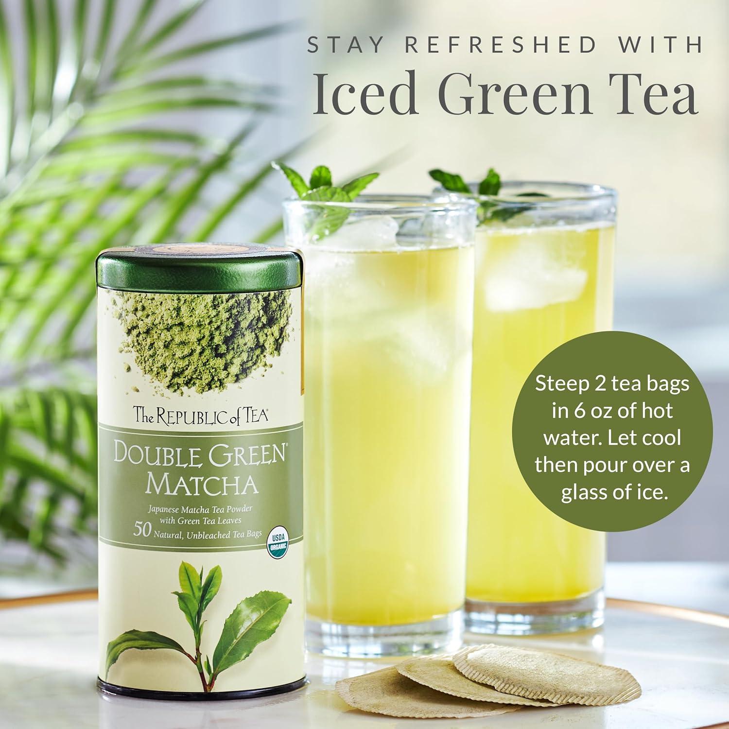 imageThe Republic of Tea Organic Double Green Matcha Naturally Caffeinated Japanese Green Tea Powder and Leaves Steeps 50 Cups50 Count Pack of 2
