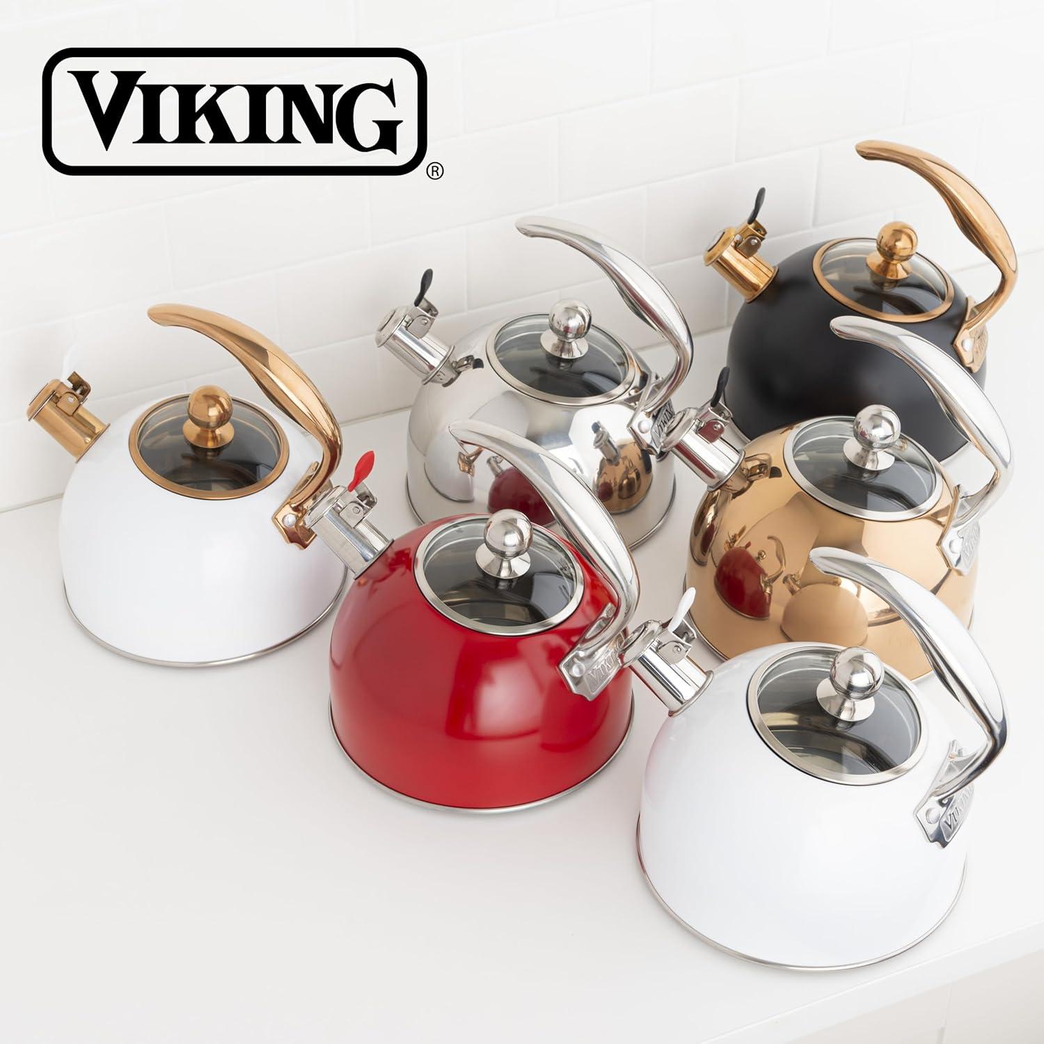 imageViking 3Ply Stainless Steel Tea Kettle 26 Quart Stovetop Hot Water Pot with Tempered Glass Lid Ergonomic Handle Induction Ready Slate and BlueMatte Black and Copper