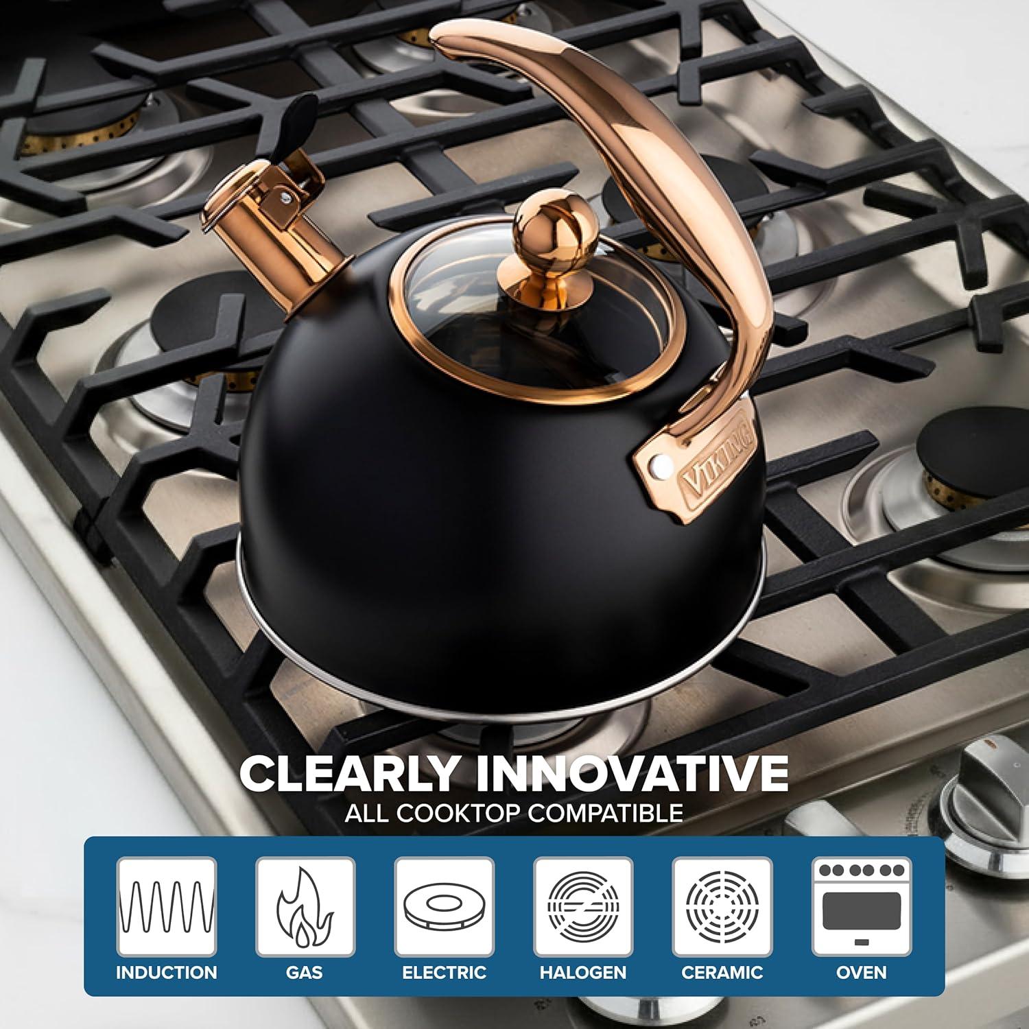 imageViking 3Ply Stainless Steel Tea Kettle 26 Quart Stovetop Hot Water Pot with Tempered Glass Lid Ergonomic Handle Induction Ready Slate and BlueMatte Black and Copper