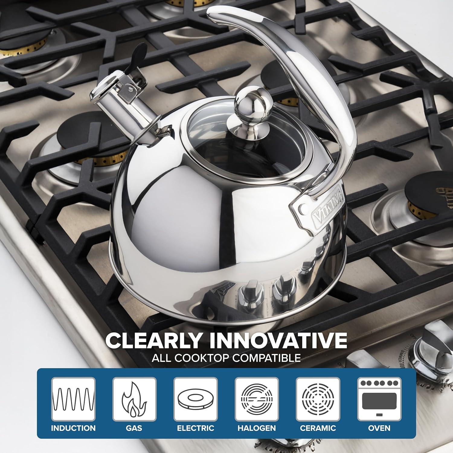 imageViking 3Ply Stainless Steel Tea Kettle 26 Quart Stovetop Hot Water Pot with Tempered Glass Lid Ergonomic Handle Induction Ready Slate and BlueMirror Finish