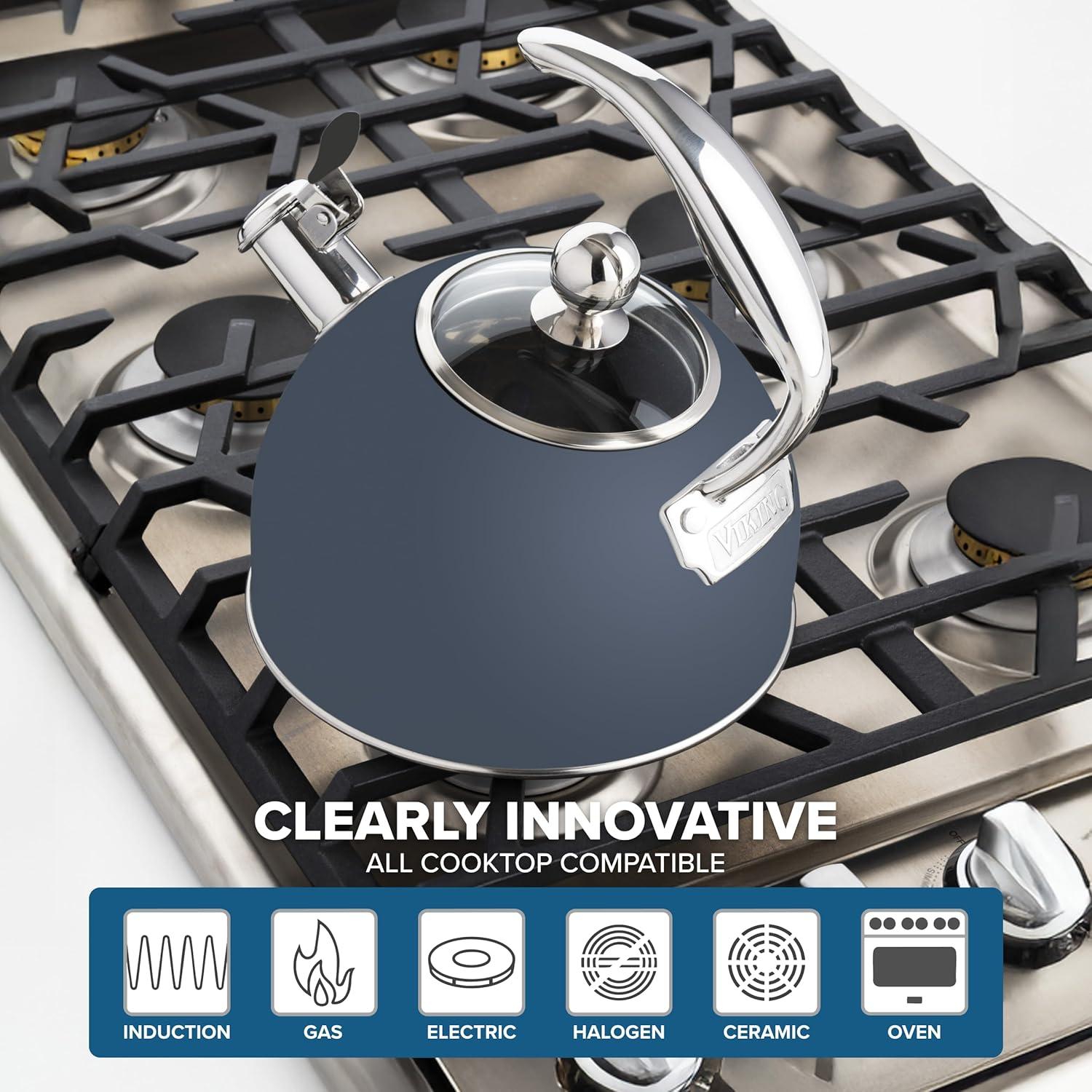 imageViking 3Ply Stainless Steel Tea Kettle 26 Quart Stovetop Hot Water Pot with Tempered Glass Lid Ergonomic Handle Induction Ready Slate and BlueSlate Blue
