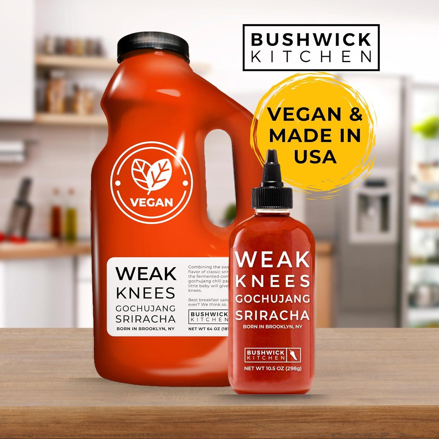 imageWeak Knees Gochujang Sriracha Hot Sauce Infused with Bold Korean Gochujang Paste amp Classic Spicy Sriracha Made in the USA 105oz Squeeze BottleGochujang Sriracha 64oz