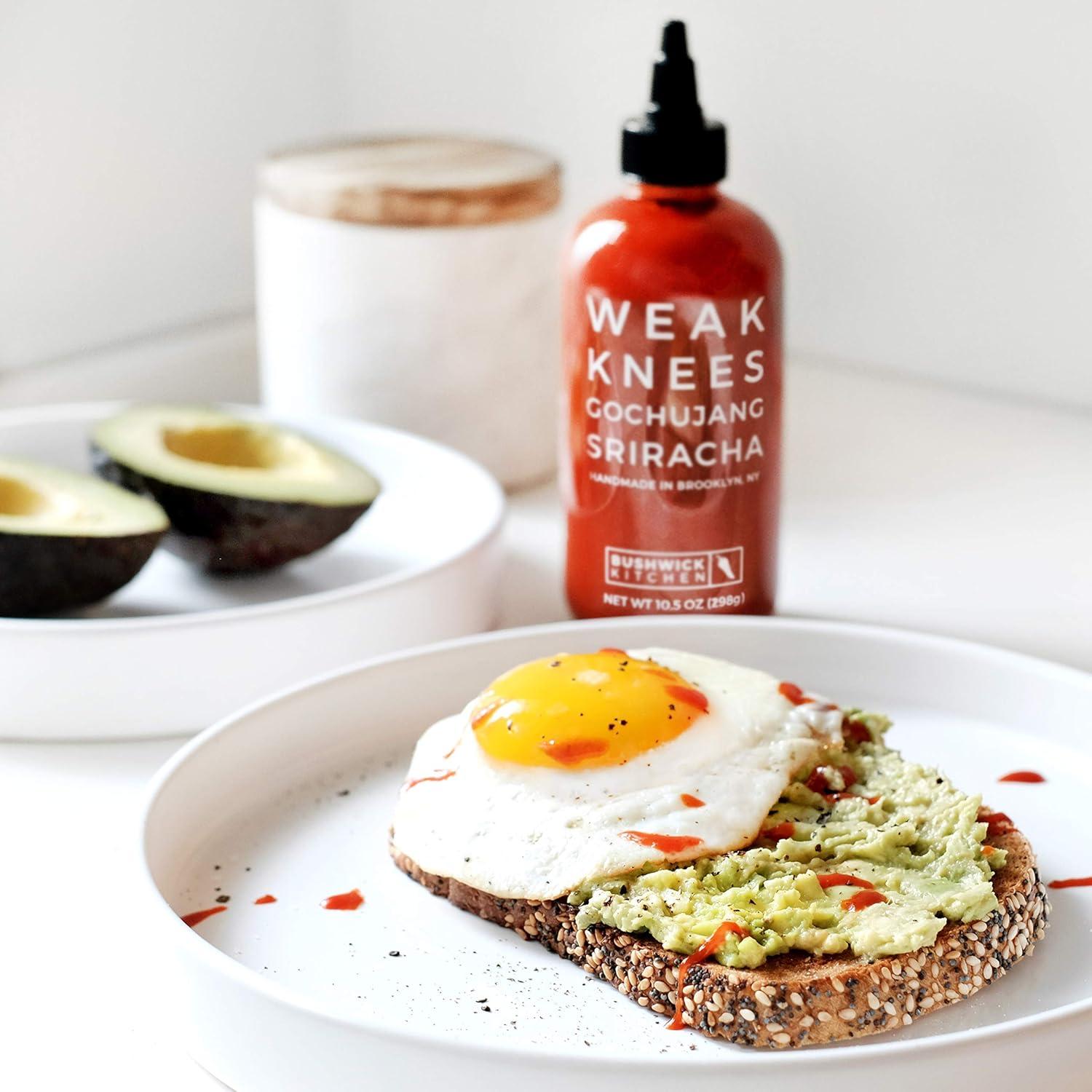 imageWeak Knees Gochujang Sriracha Hot Sauce Infused with Bold Korean Gochujang Paste amp Classic Spicy Sriracha Made in the USA 105oz Squeeze BottleGochujang Sriracha 64oz
