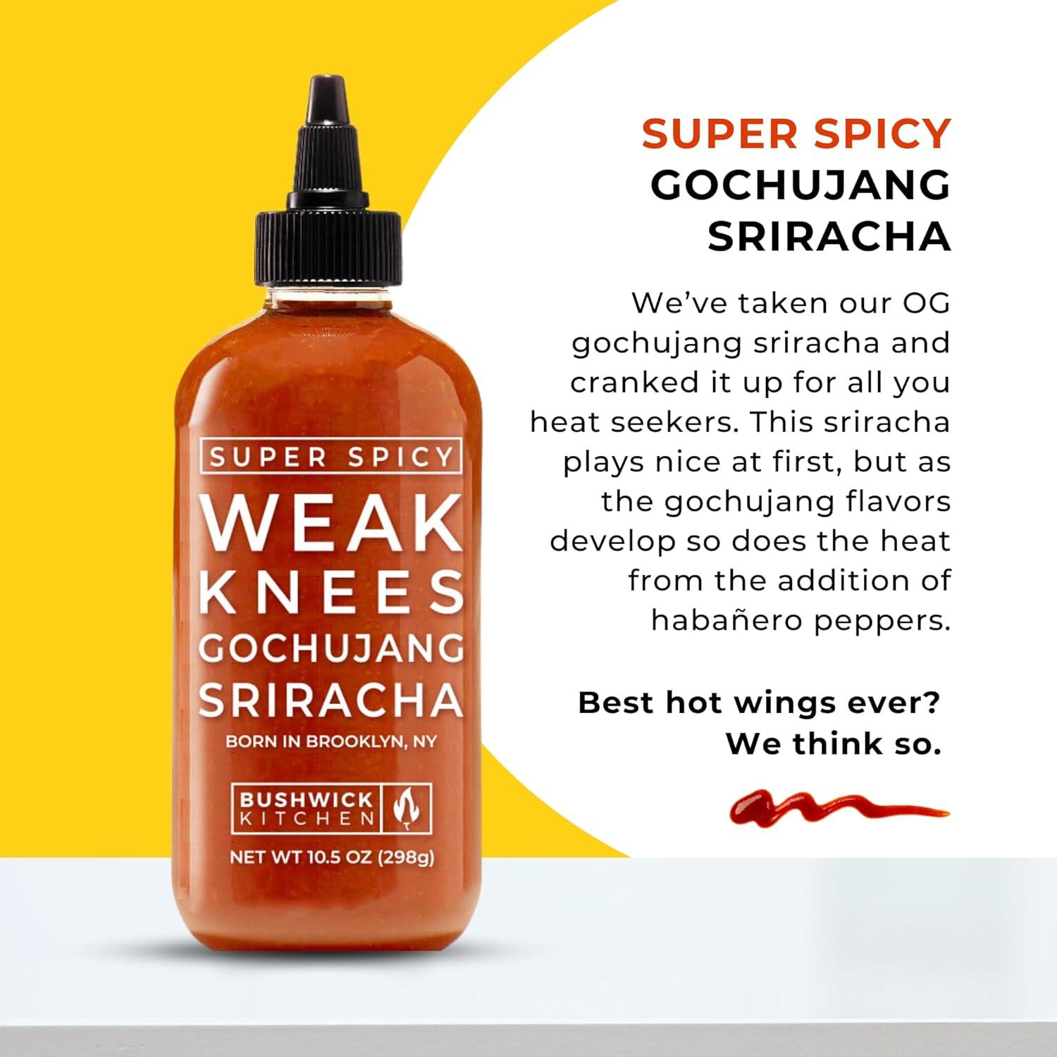 imageWeak Knees Gochujang Sriracha Hot Sauce Infused with Bold Korean Gochujang Paste amp Classic Spicy Sriracha Made in the USA 105oz Squeeze BottleSriracha Sampler Gift Set