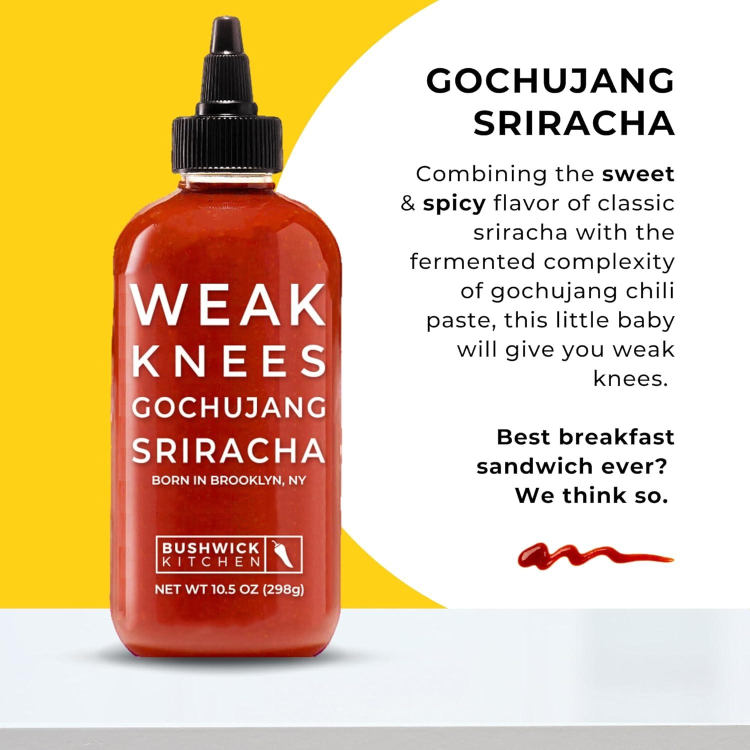 imageWeak Knees Gochujang Sriracha Hot Sauce Infused with Bold Korean Gochujang Paste amp Classic Spicy Sriracha Made in the USA 105oz Squeeze BottleSriracha Sampler Gift Set