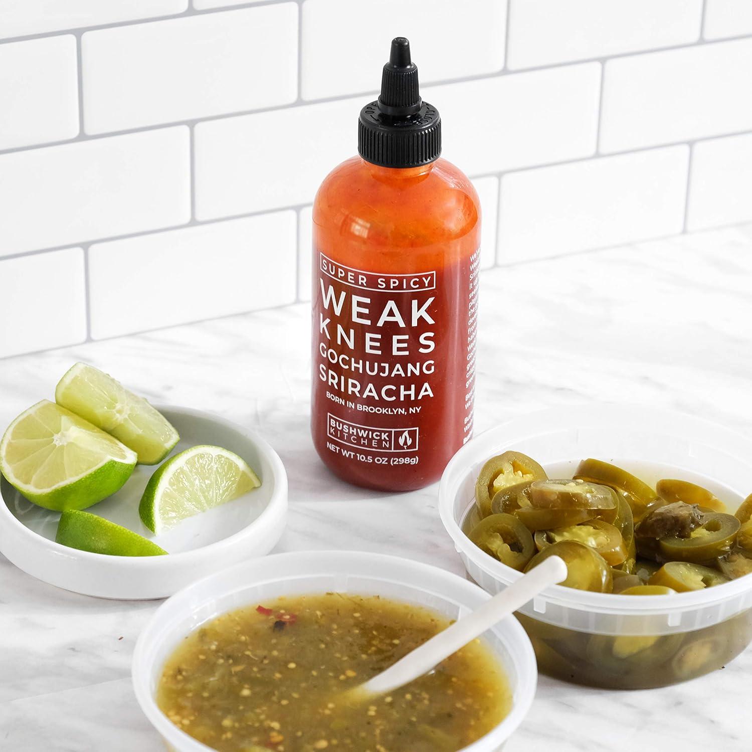 imageWeak Knees Gochujang Sriracha Hot Sauce Infused with Bold Korean Gochujang Paste amp Classic Spicy Sriracha Made in the USA 105oz Squeeze BottleSuper Spicy Sriracha 105oz