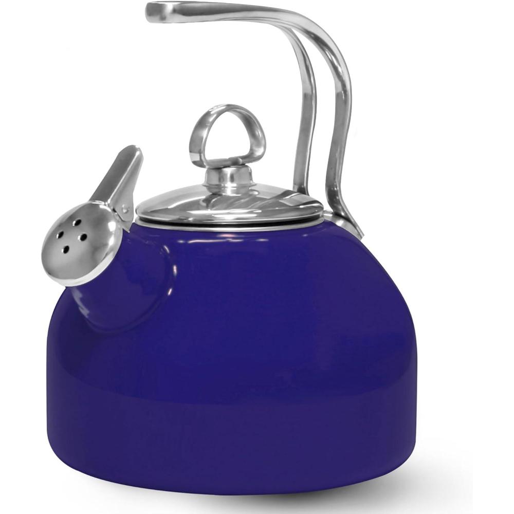 imageChantal Classic Teakettle 18 QT Enamel On Steel 2Tone Harmonica Whistle Rapid Boil and Even Heating AlmondCobalt Blue