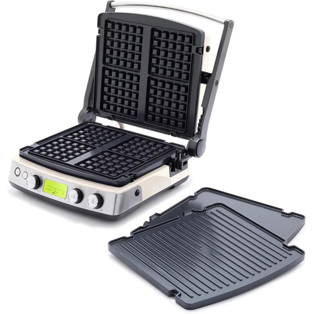 imageGreenPan Elite 7in1 MultiFunction Contact Grill amp Griddle Healthy Ceramic Nonstick Grill amp Waffle Plates Adjustable Shade amp Shear Closed PressOpen Flat Surface PFASFree Cream WhiteCream White