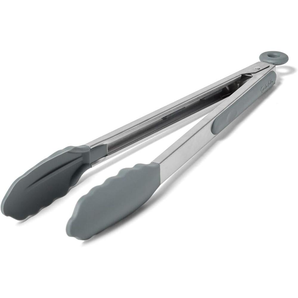 imageSur La Table 12 SiliconeTipped Tongs  Stainless Steel Kitchen Tongs with Nonstick HeatResistant Tips  Locking Handle for Compact Storage BlackGray