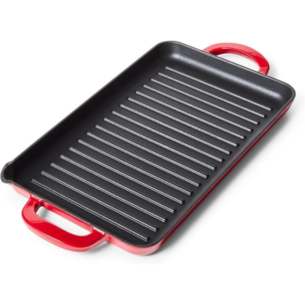imageSur La Table 15 x 9 Enameled Cast Iron Grill Pan Rectangular StovetoOven Griddle for Steaks Veggies amp Seafood Induction Compatible Oven to 500F No Seasoning Required Red