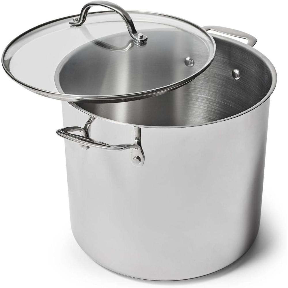 imageSur La Table 16Quart Stainless Steel Stockpot Large Capacity Soup amp Stew Pot with High Sides and Wide Base ImpactBonded WarpResistant Base Riveted Handles Oven amp Induction Rolled Rim for