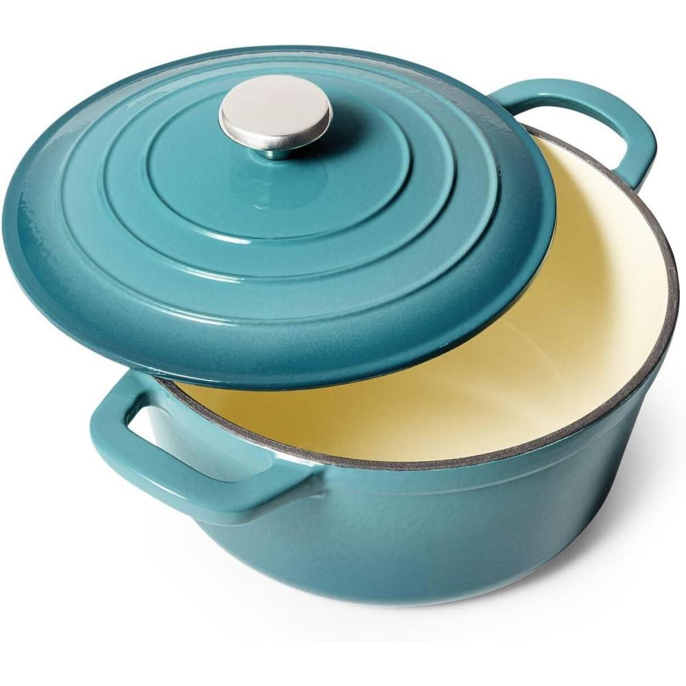 imageSur La Table 5Qt Enameled Cast Iron Dutch Oven With Lid for Braising Baking amp Deep Frying Induction Compatible Oven to 500F MoistureRetaining Design for Flavorful Results Light Blue