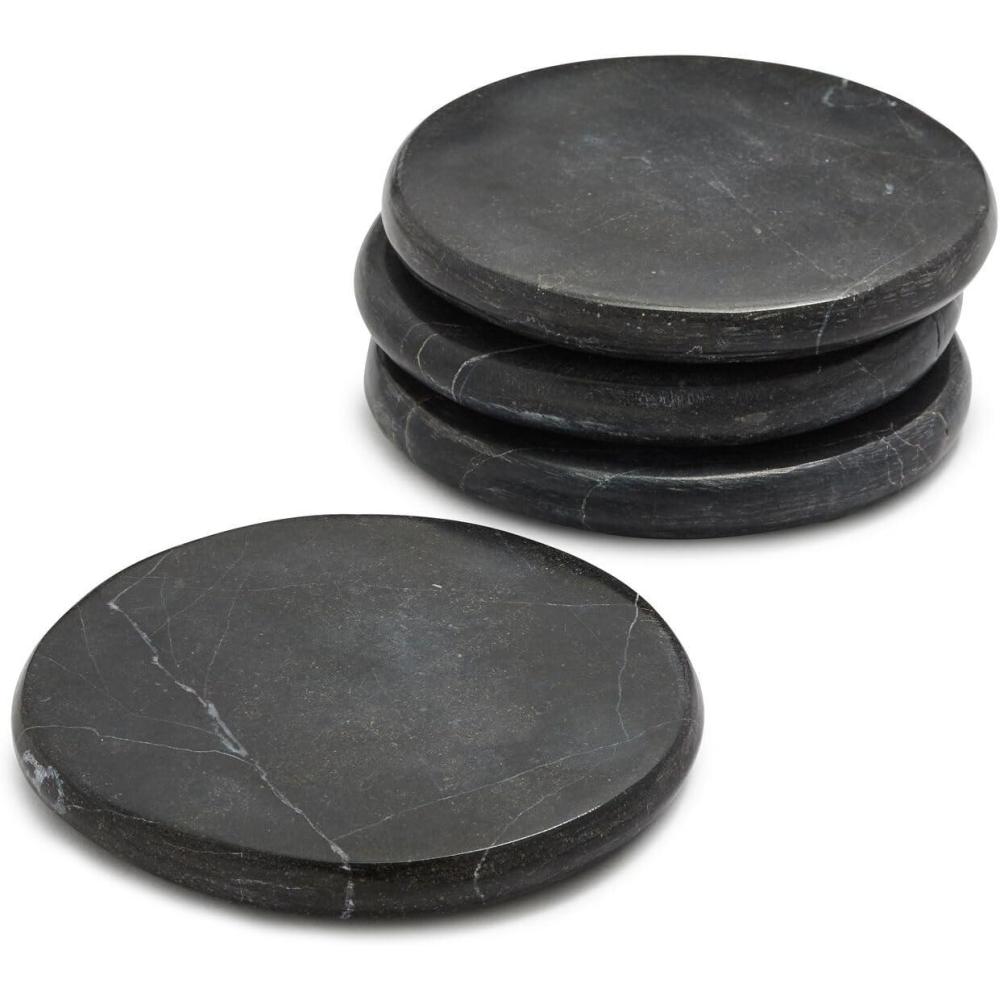 imageSur La Table Black Marquina Marble Coasters Set of 4 Handmade Stone Drink Coasters 4 Round Protects Surfaces with Elegant Modern Style