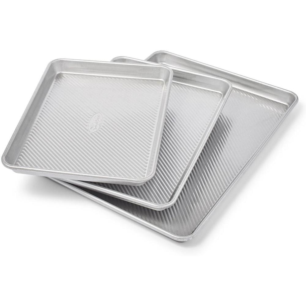 imageSur La Table Commercial Baking Pan Set  3Piece Aluminized Steel Pans 14 Pan 12 Pan Jelly Roll Pan with Fluted Corrugated Design for Even Heating Rust amp Warp Resistant Nonstick Silicone