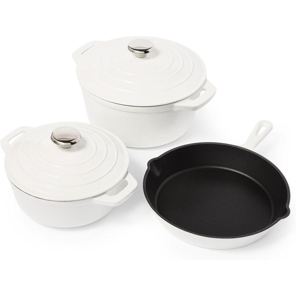 imageSur La Table Enameled Cast Iron Cookware Set Includes 5Qt amp 25Qt Dutch Ovens with Lids and 10 Skillet Oven to 500F Induction Compatible Essential Starter Gift Set WhiteWhite
