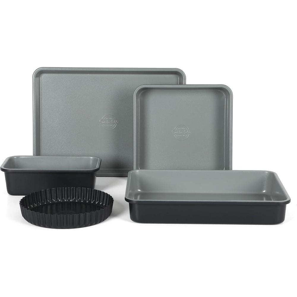 imageSur La Table Kitchen Essential Carbon Steel Baking Pans Bakeware Set WPremium PFOA PFAS PTFE Free Grey Nonstick Interior Black ExteriorBlack