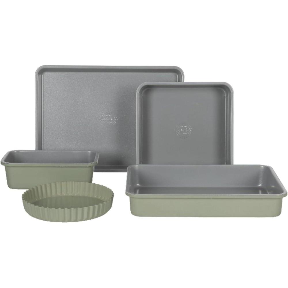 imageSur La Table Kitchen Essential Carbon Steel Baking Pans Bakeware Set WPremium PFOA PFAS PTFE Free Grey Nonstick Interior Black ExteriorJuniper Green