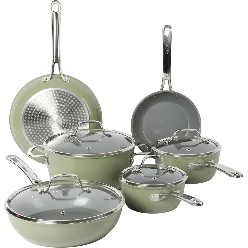 imageSur La Table Kitchen Essentials 10 Piece PFA Free NonToxic Titanium Ceramic Nonstick Interior Forged Aluminum Cookware Pots and Pans Set Linen White Induction CompatibleGreen