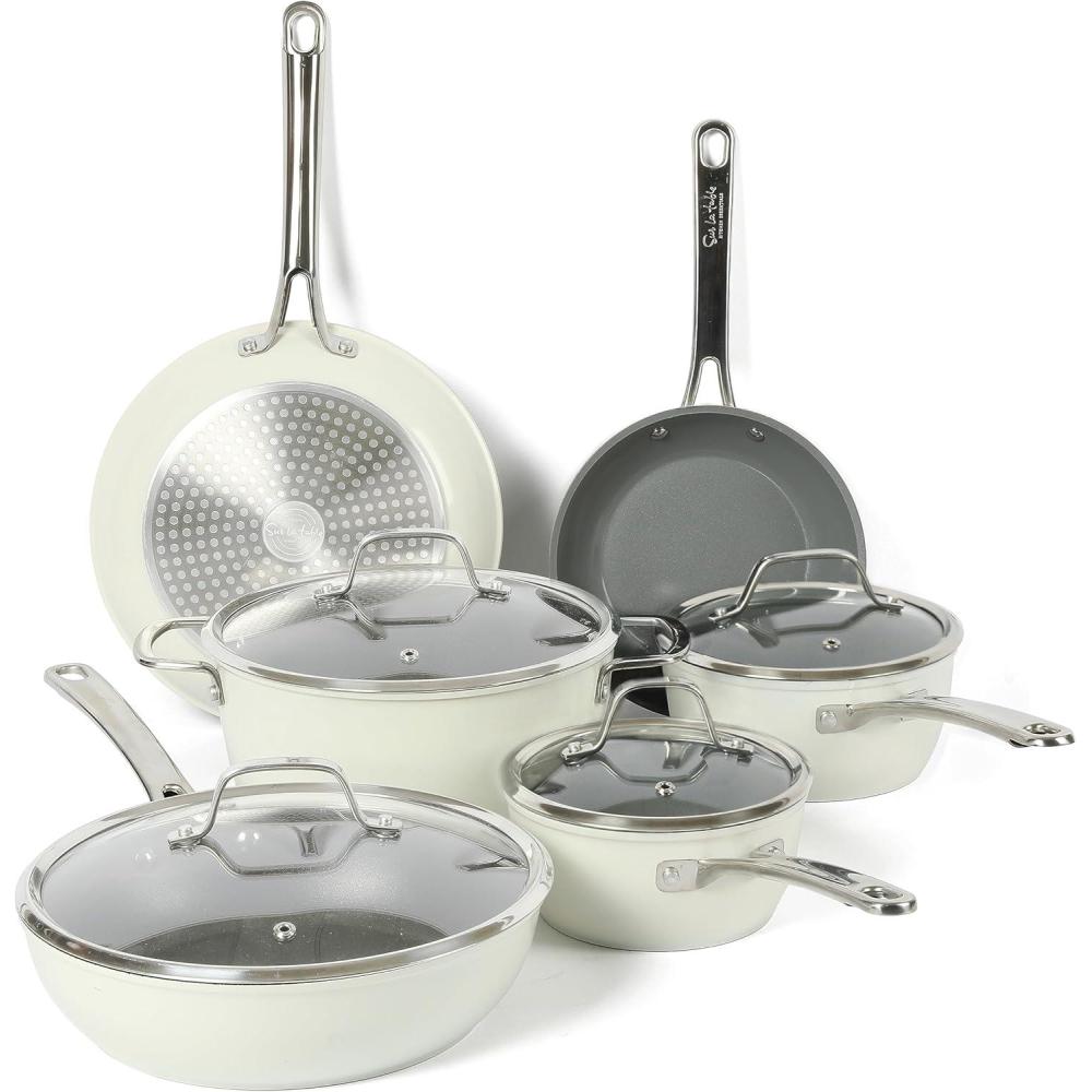 imageSur La Table Kitchen Essentials 10 Piece PFA Free NonToxic Titanium Ceramic Nonstick Interior Forged Aluminum Cookware Pots and Pans Set Linen White Induction CompatibleLinen White