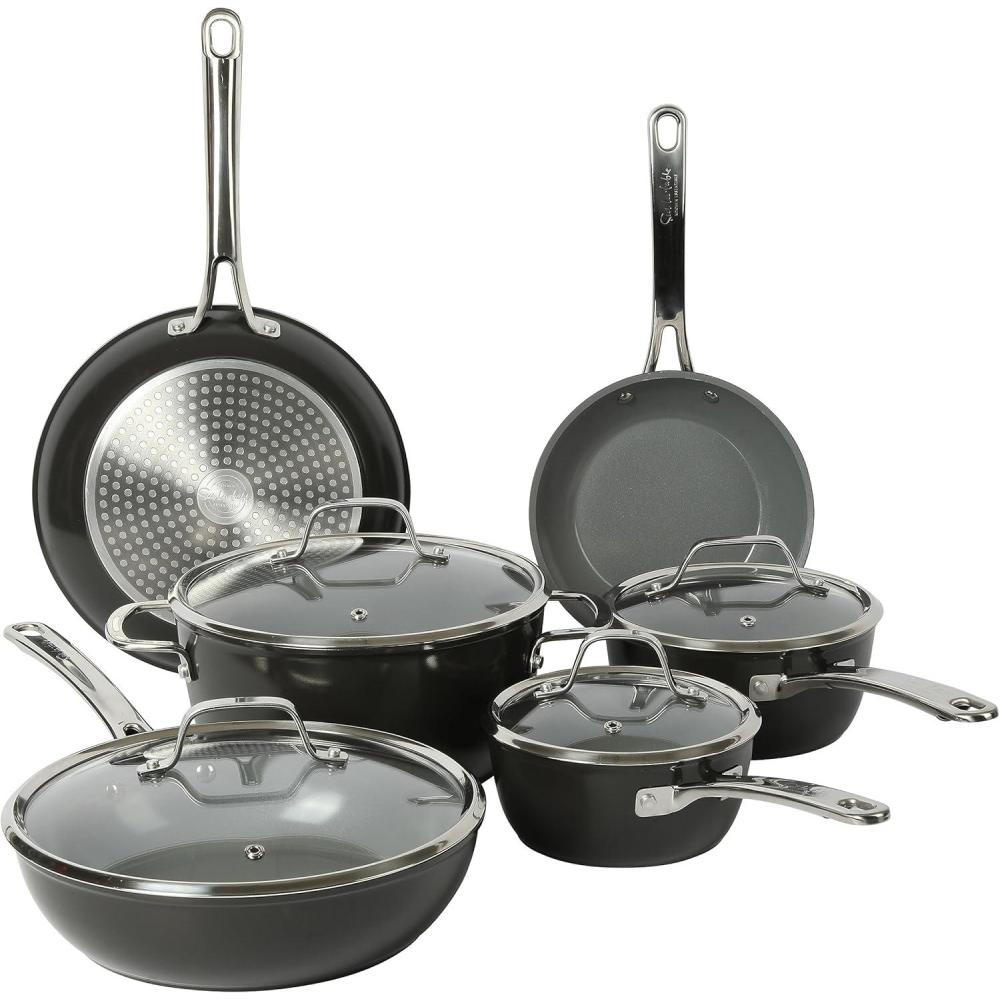 imageSur La Table Kitchen Essentials 10 Piece PFA Free NonToxic Titanium Ceramic Nonstick Interior Forged Aluminum Cookware Pots and Pans Set Linen White Induction CompatibleBlack