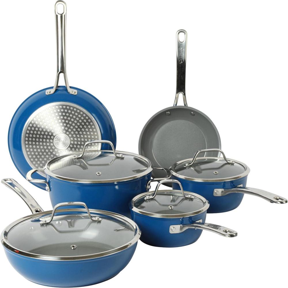 imageSur La Table Kitchen Essentials 10 Piece PFA Free NonToxic Titanium Ceramic Nonstick Interior Forged Aluminum Cookware Pots and Pans Set Linen White Induction CompatibleBlue