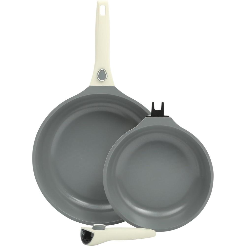 imageSur La Table Kitchen Essentials 13 Piece Detachable Handle Pots and Pans Premium PFA Free Premium Ceramic Non Stick Induction Safe and Secure Removable Handle Cookware Set Eggshell WhiteEggshell White