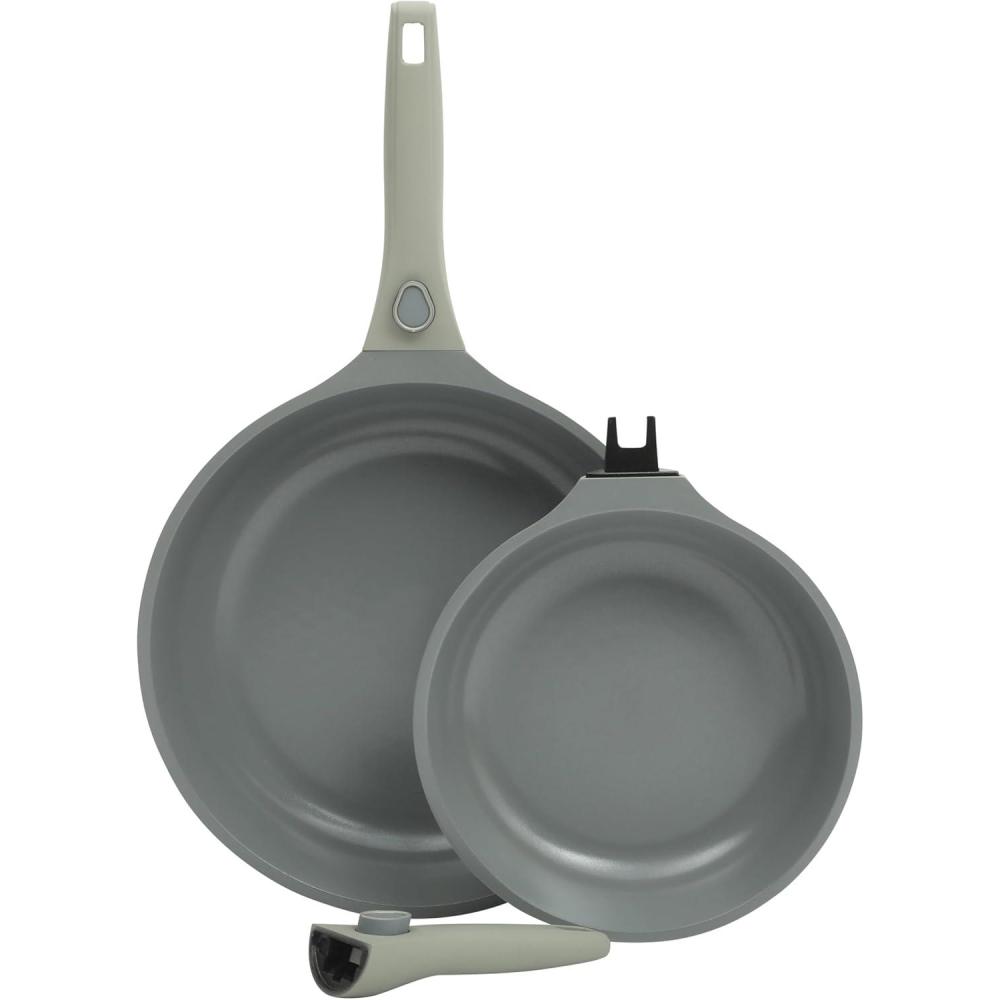 imageSur La Table Kitchen Essentials 13 Piece Detachable Handle Pots and Pans Premium PFA Free Premium Ceramic Non Stick Induction Safe and Secure Removable Handle Cookware Set Eggshell WhiteJuniper Green