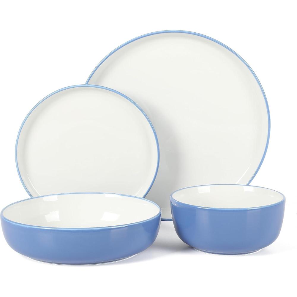 imageSur La Table Kitchen Essentials 16 Piece TwoTone Porcelain Chip and Scratch Resistant Dinnerware Plates and Bowls Set GreenWhiteBlueWhite