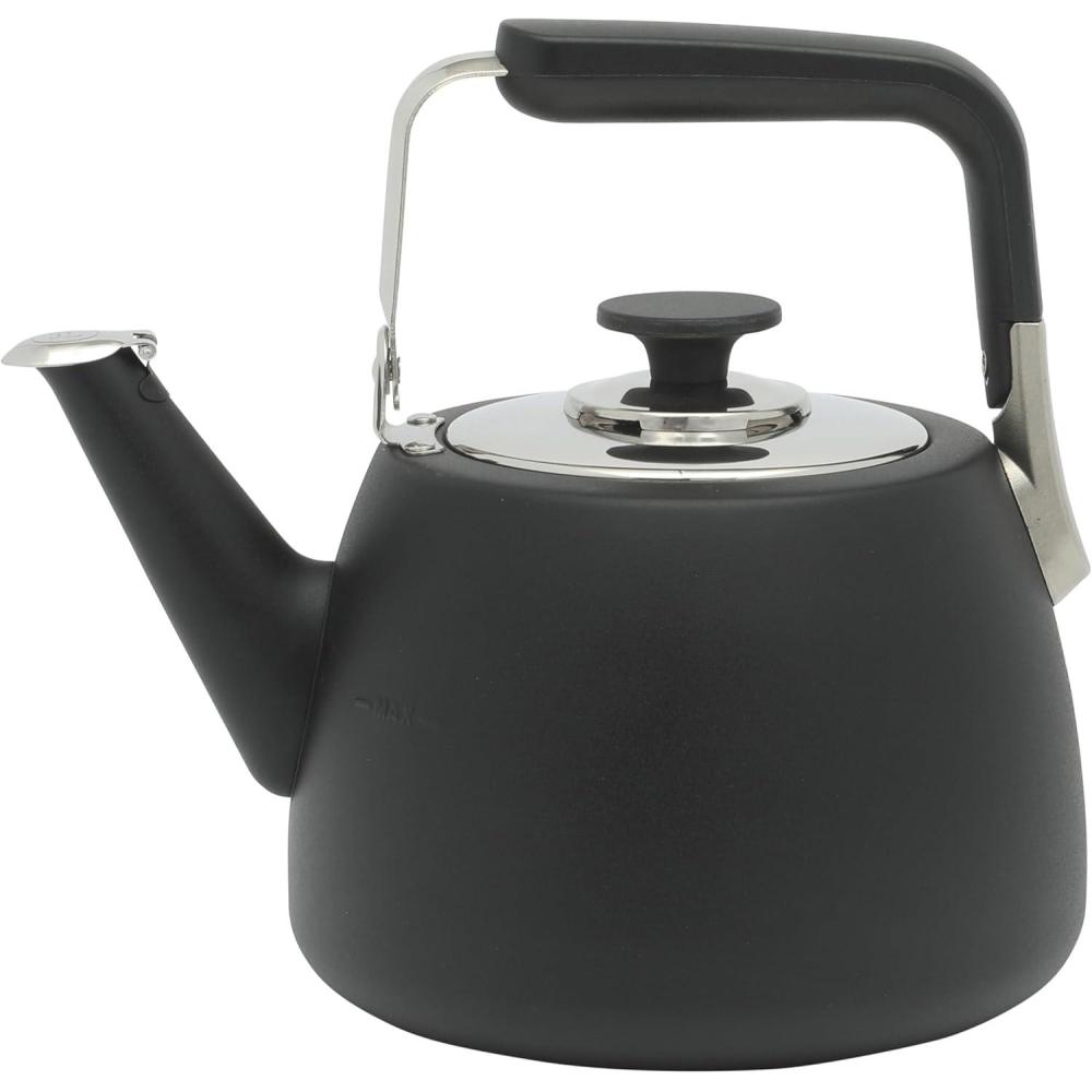 imageSur La Table Kitchen Essentials 2 Qt Heavy Gauge Brushed Stainless Steel Whistling Tea Kettle Durable Stovetop KettleMatte Black