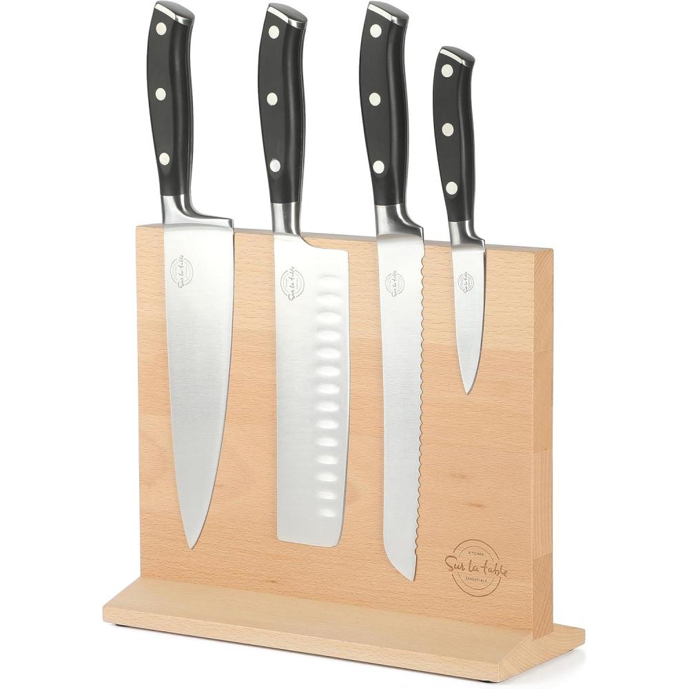imageSur La Table Kitchen Essentials 5 Piece German Steel Blade wTriple Riveted Handle Set on Beechwood Magnetic Block Linen WhiteBlack