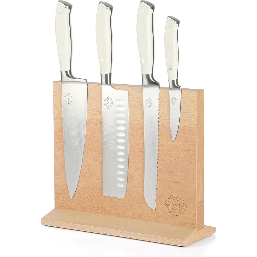 imageSur La Table Kitchen Essentials 5 Piece German Steel Blade wTriple Riveted Handle Set on Beechwood Magnetic Block Linen WhiteLinen White
