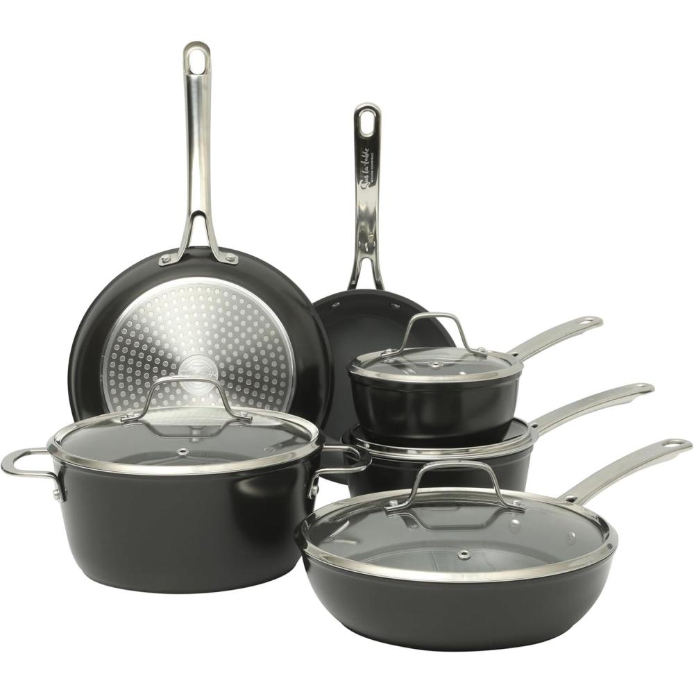 imageSur La Table Kitchen Essentials Cool Commune Hard Anodized 10 Piece PFA Free Ceramic Non stick Interior Forged Durable Aluminum Pots and Pans Cookware Set Black Induction CompatibleBlack Hard Anodized Aluminum