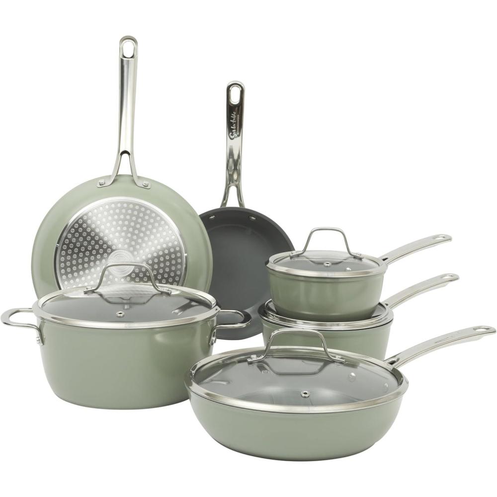 imageSur La Table Kitchen Essentials Cool Commune Hard Anodized 10 Piece PFA Free Ceramic Non stick Interior Forged Durable Aluminum Pots and Pans Cookware Set Black Induction CompatibleGreen Hard Anodized Aluminum