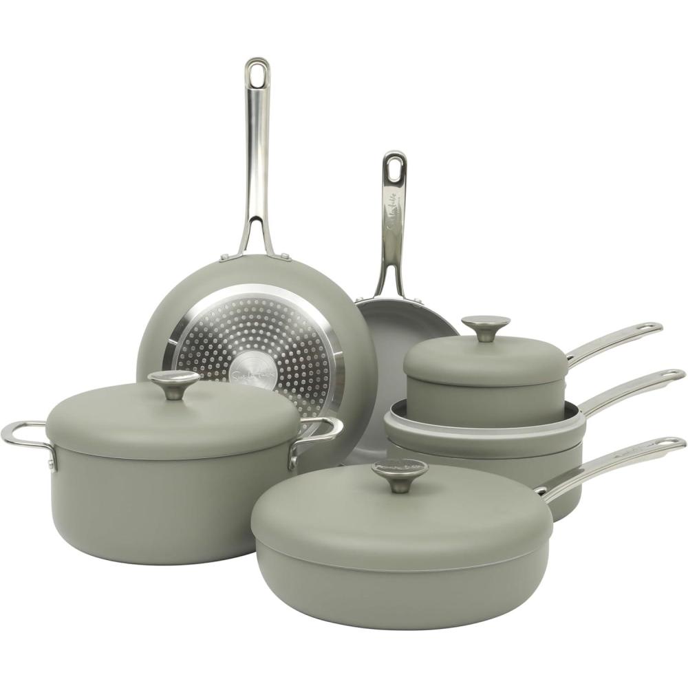 imageSur La Table Kitchen Essentials Potluck Porch 10 Piece PFA Free Ceramic Non stick Interior Forged Aluminum Cookware Pots and Pans Set WAluminum Lids Linen White Induction CompatibleGreen