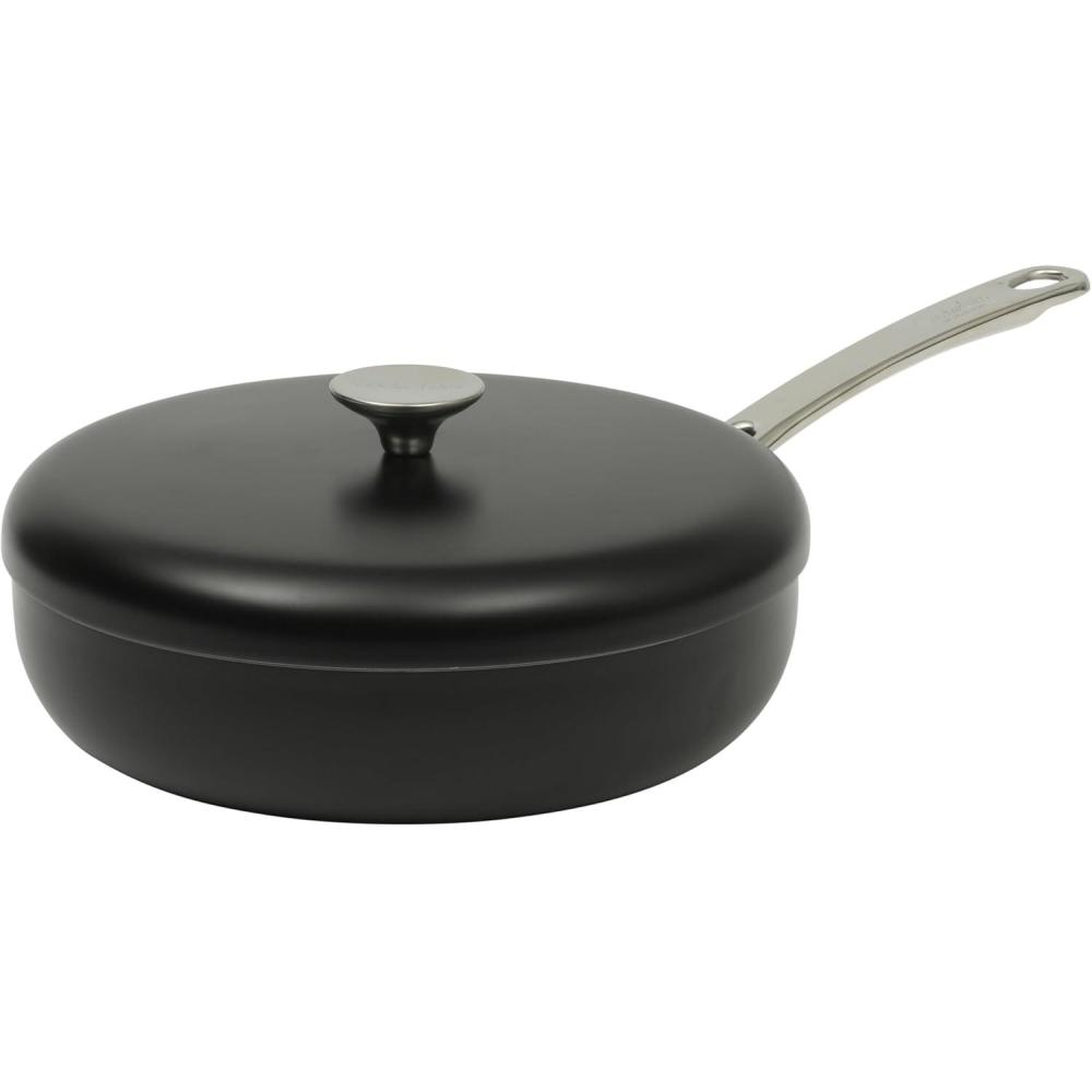 imageSur La Table Kitchen Essentials Potluck Porch 10 Piece PFA Free Ceramic Non stick Interior Forged Aluminum Cookware Pots and Pans Set WAluminum Lids Linen White Induction CompatibleBlack