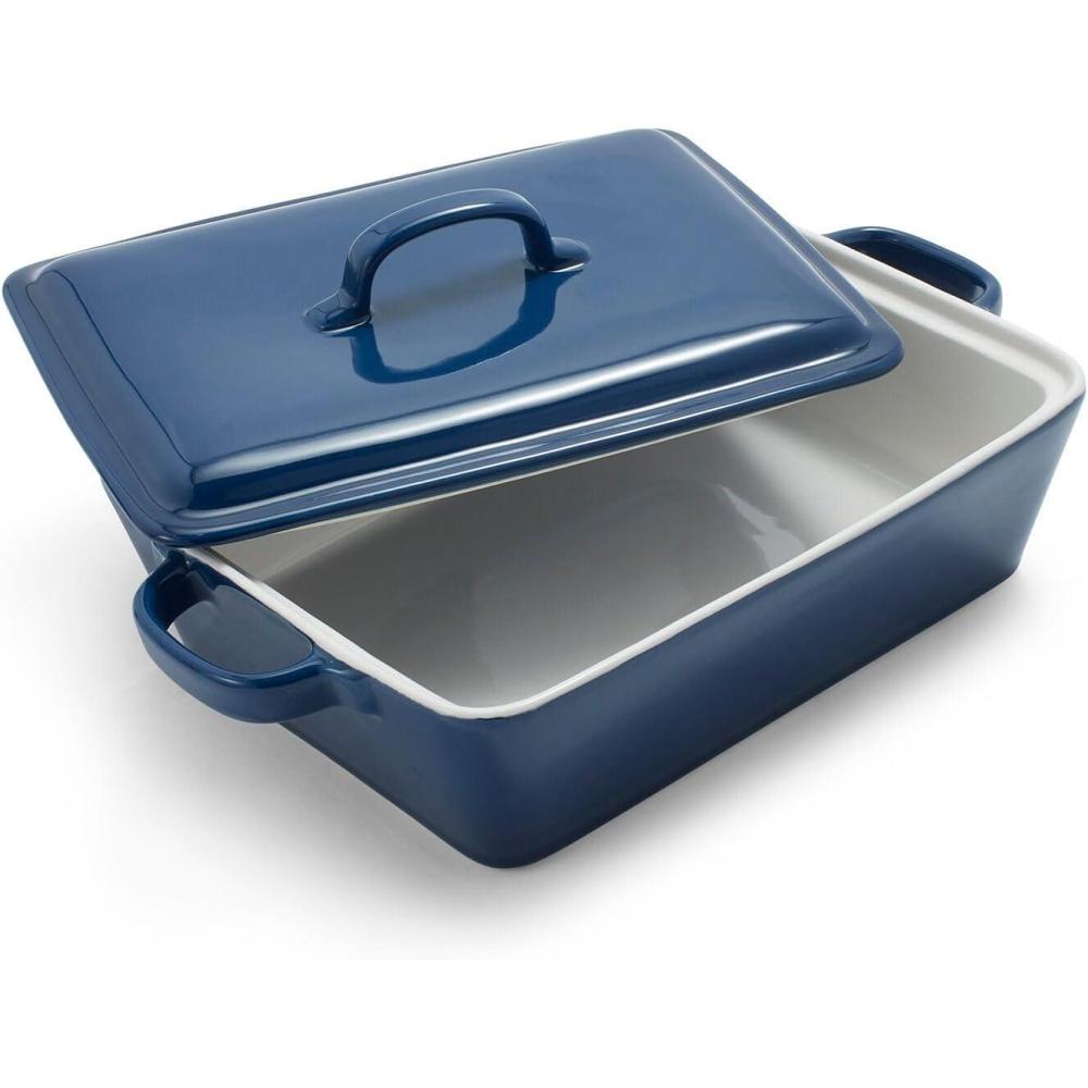 imageSur La Table Rectangular Stoneware Casserole with Lid 4 qt WhiteBlue