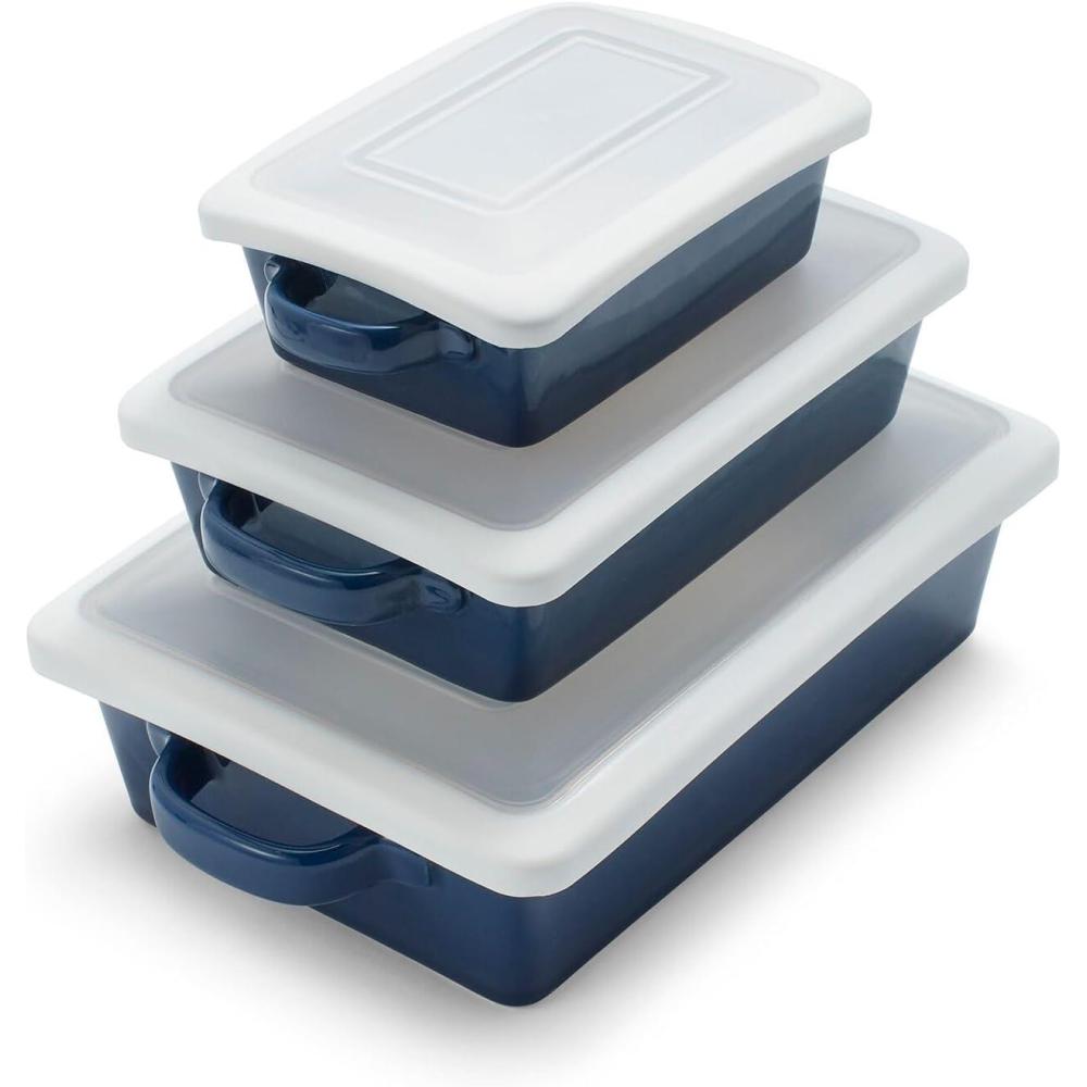 imageSur La Table Stoneware 3Piece Baker Set wLids BlueBlue