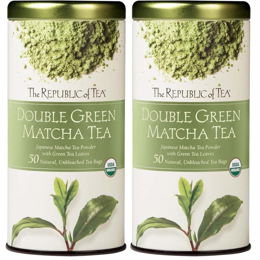 imageThe Republic of Tea Organic Double Green Matcha Naturally Caffeinated Japanese Green Tea Powder and Leaves Steeps 50 Cups50 Count Pack of 2