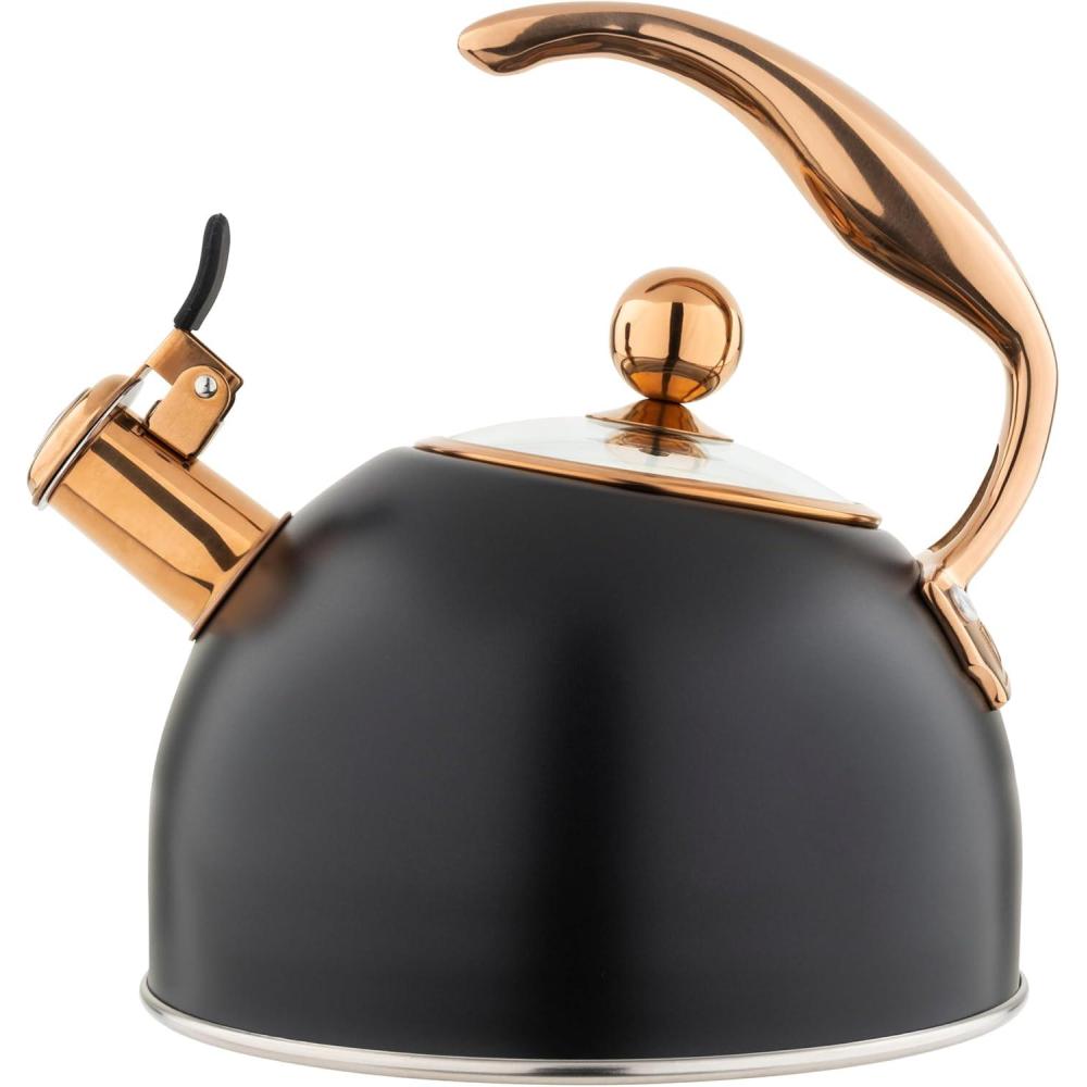 imageViking 3Ply Stainless Steel Tea Kettle 26 Quart Stovetop Hot Water Pot with Tempered Glass Lid Ergonomic Handle Induction Ready Slate and BlueMatte Black and Copper
