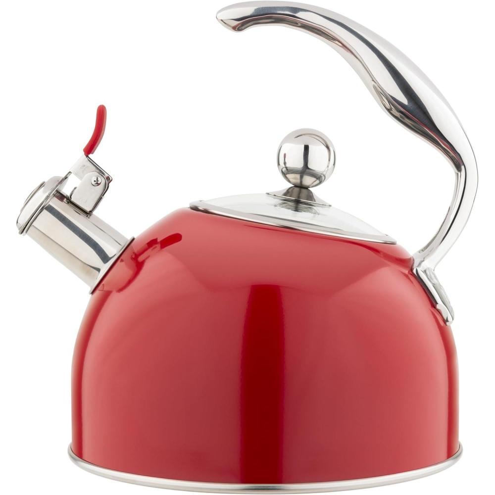 imageViking 3Ply Stainless Steel Tea Kettle 26 Quart Stovetop Hot Water Pot with Tempered Glass Lid Ergonomic Handle Induction Ready Slate and BlueRed