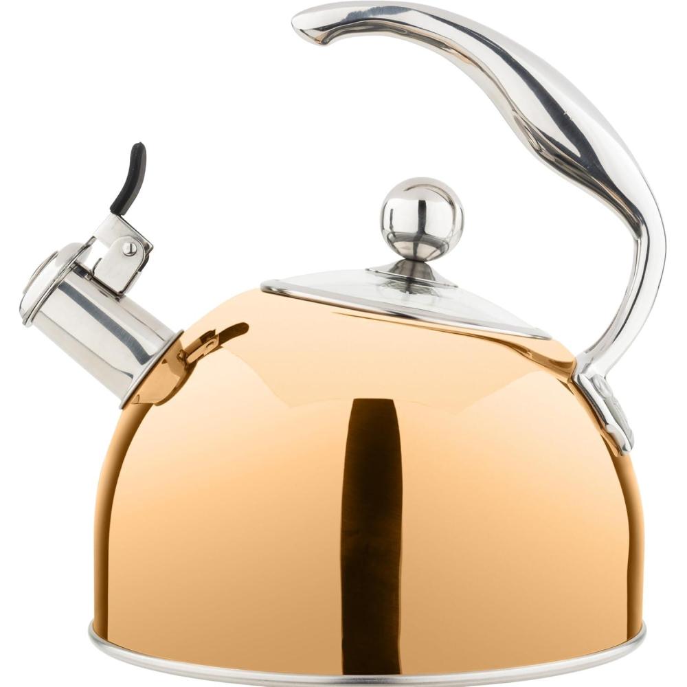 imageViking 3Ply Stainless Steel Tea Kettle 26 Quart Stovetop Hot Water Pot with Tempered Glass Lid Ergonomic Handle Induction Ready Slate and BlueRose Gold