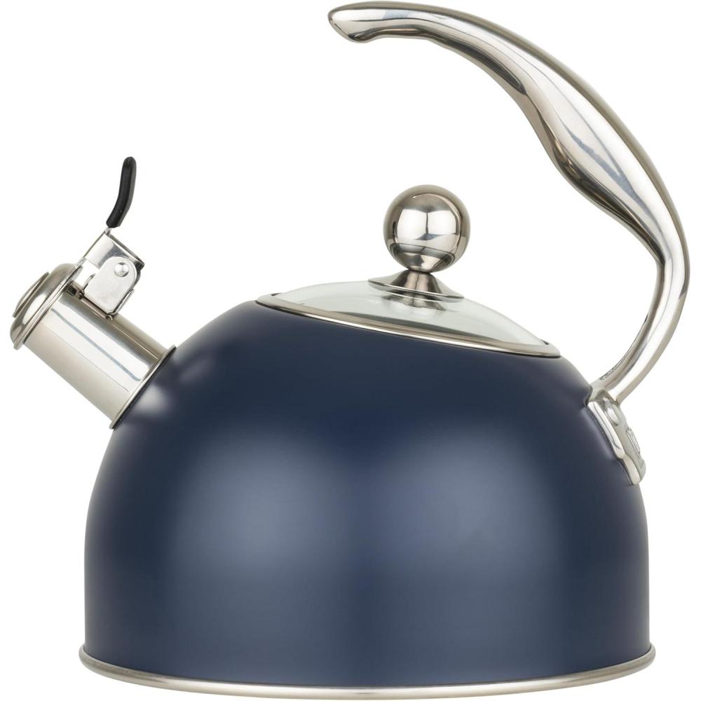 imageViking 3Ply Stainless Steel Tea Kettle 26 Quart Stovetop Hot Water Pot with Tempered Glass Lid Ergonomic Handle Induction Ready Slate and BlueSlate Blue