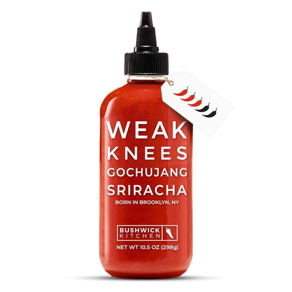 imageWeak Knees Gochujang Sriracha Hot Sauce Infused with Bold Korean Gochujang Paste amp Classic Spicy Sriracha Made in the USA 105oz Squeeze BottleGochujang Sriracha 105oz