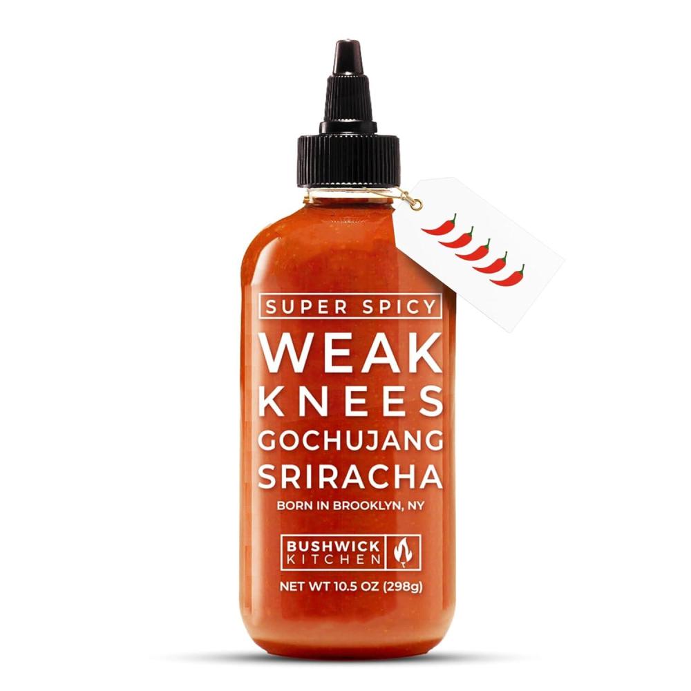 imageWeak Knees Gochujang Sriracha Hot Sauce Infused with Bold Korean Gochujang Paste amp Classic Spicy Sriracha Made in the USA 105oz Squeeze BottleSuper Spicy Sriracha 105oz