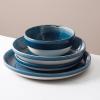 Sur La Table Kitchen Essentials Banquette 16 Piece Double Bowl Plates and Bowls Reactive Glaze Stoneware Dinnerware Set – Black(Blue)