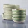 Sur La Table Kitchen Essentials Banquette 16 Piece Double Bowl Plates and Bowls Reactive Glaze Stoneware Dinnerware Set – Green(Green)