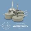 Sur La Table Kitchen Essentials Potluck Porch 10 Piece PFA Free Ceramic Non stick Interior Forged Aluminum Cookware Pots and Pans Set W/Aluminum Lids – Linen White – Induction Compatible(Green)