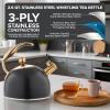 Viking 3-Ply Stainless Steel Tea Kettle, 2.6 Quart Stovetop Hot Water Pot with Tempered Glass Lid, Ergonomic Handle, Induction Ready, Slate and Blue(Matte Black and Copper)