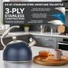 Viking 3-Ply Stainless Steel Tea Kettle, 2.6 Quart Stovetop Hot Water Pot with Tempered Glass Lid, Ergonomic Handle, Induction Ready, Slate and Blue(Slate Blue)