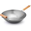 Sur La Table 14″ Carbon-Steel Wok, Flat Bottom Pan for High-Heat Cooking – Ideal for Deep-Frying, Steaming, and Stir-Frying– Lightweight, Fast Heating(Silver)